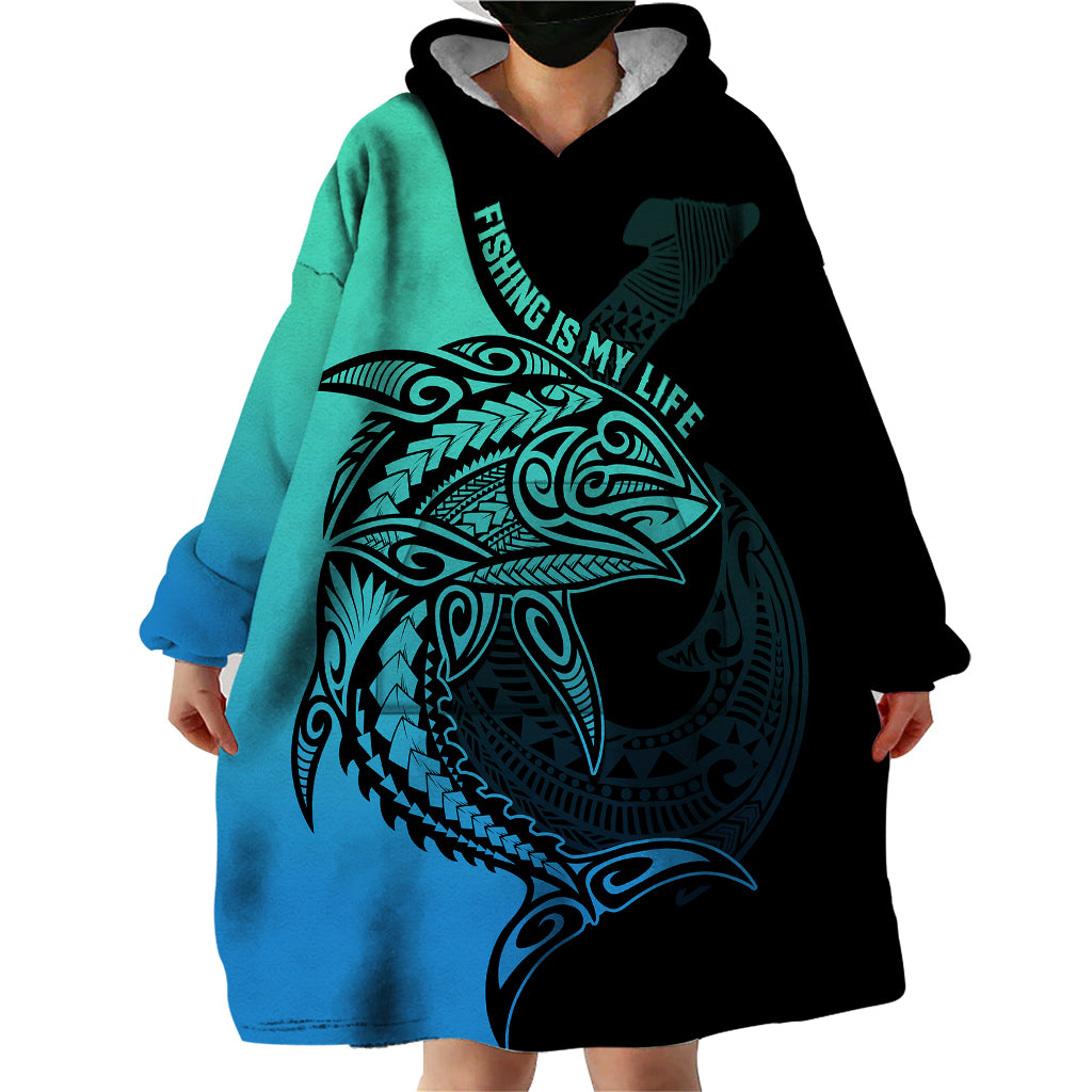 Personalised Polynesia Fishing Wearable Blanket Hoodie With Maori Hei Matau Fish Hook Turquoise Art LT9 - Polynesian Pride
