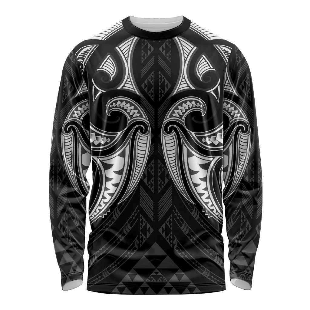 Maori Rugby Custom Ngaru Mangopare Long Sleeve Shirt Black Whetu Niho Taniwha Motif LT9 Unisex Black - Polynesian Pride