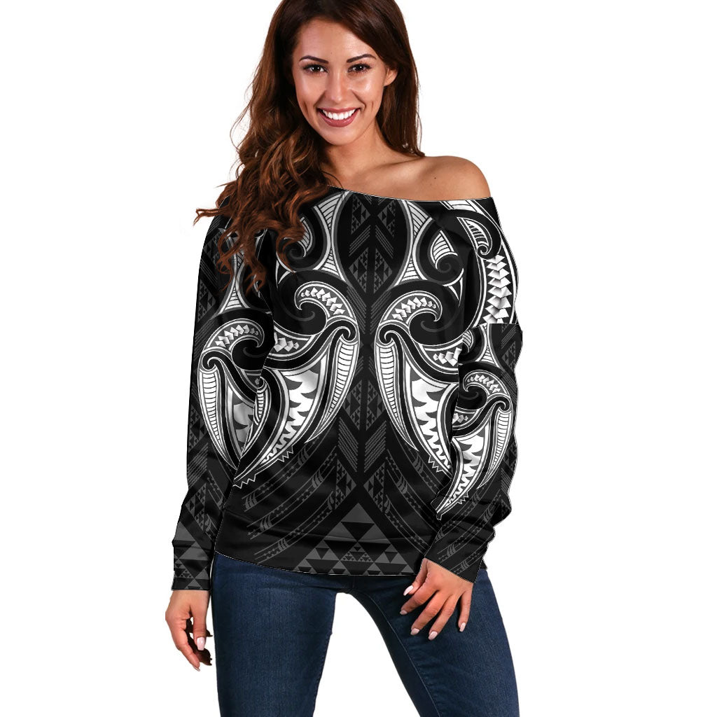 Maori Rugby Custom Ngaru Mangopare Off Shoulder Sweater Black Whetu Niho Taniwha Motif LT9 Women Black - Polynesian Pride