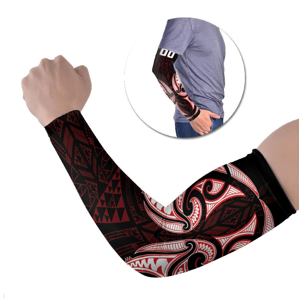 Maori Rugby Custom Ngaru Mangopare Arm Sleeves Black Red Whetu Niho Taniwha Motif LT9 Set of 2 Red - Polynesian Pride