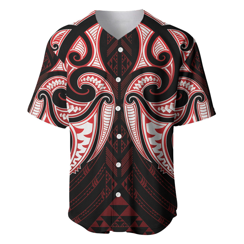 Maori Rugby Custom Ngaru Mangopare Baseball Jersey Black Red Whetu Niho Taniwha Motif LT9 Red - Polynesian Pride