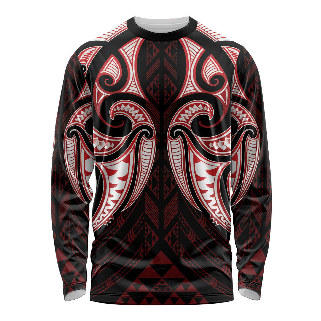 Maori Rugby Custom Ngaru Mangopare Long Sleeve Shirt Black Red Whetu Niho Taniwha Motif LT9 Unisex Red - Polynesian Pride