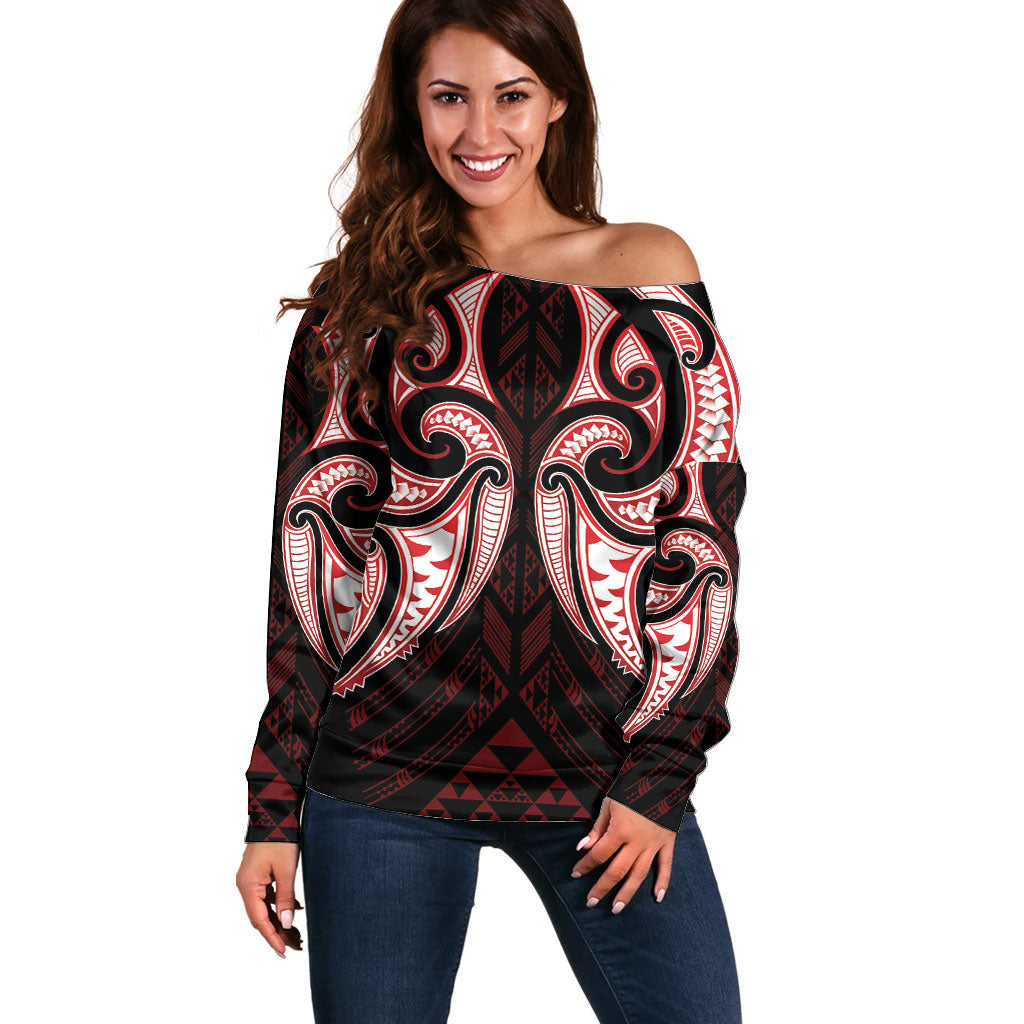 Maori Rugby Custom Ngaru Mangopare Off Shoulder Sweater Black Red Whetu Niho Taniwha Motif LT9 Women Red - Polynesian Pride