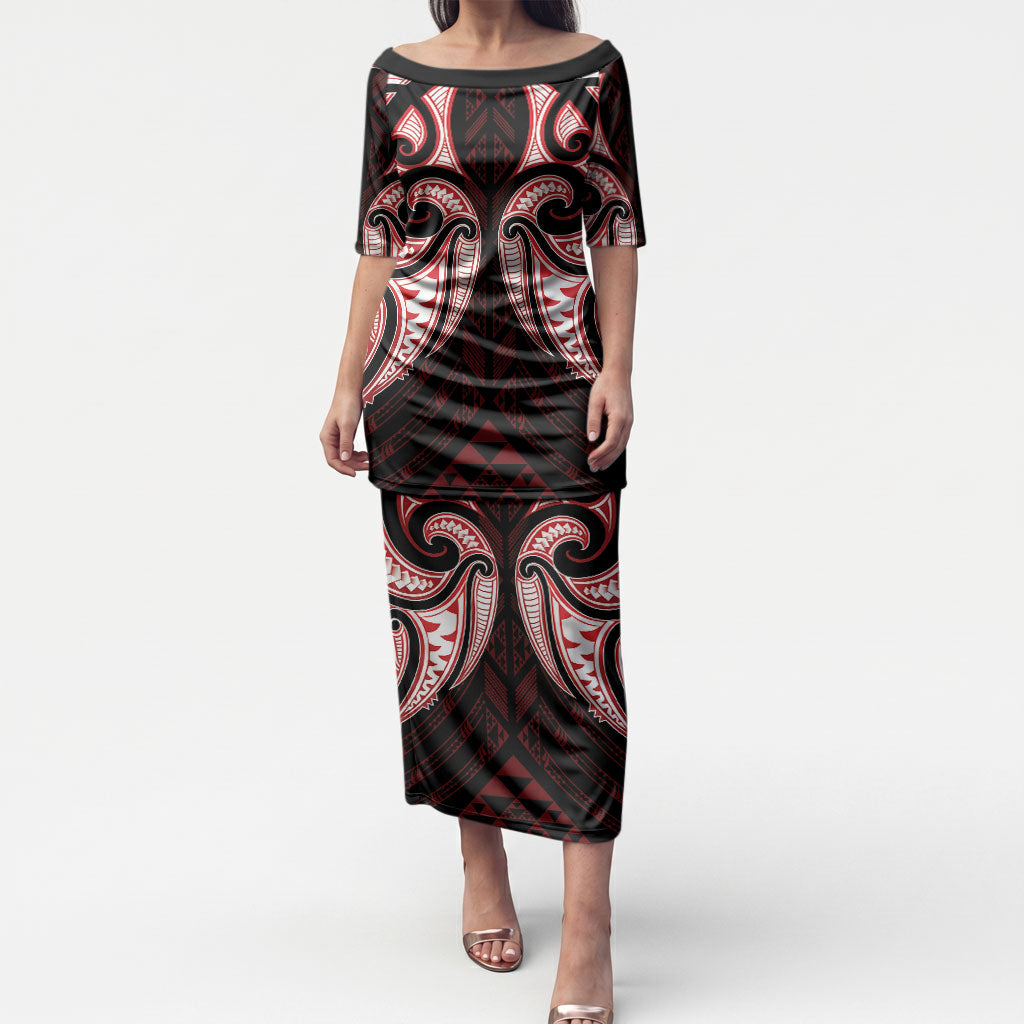 Maori Rugby Custom Ngaru Mangopare Puletasi Black Red Whetu Niho Taniwha Motif LT9 Long Dress Red - Polynesian Pride