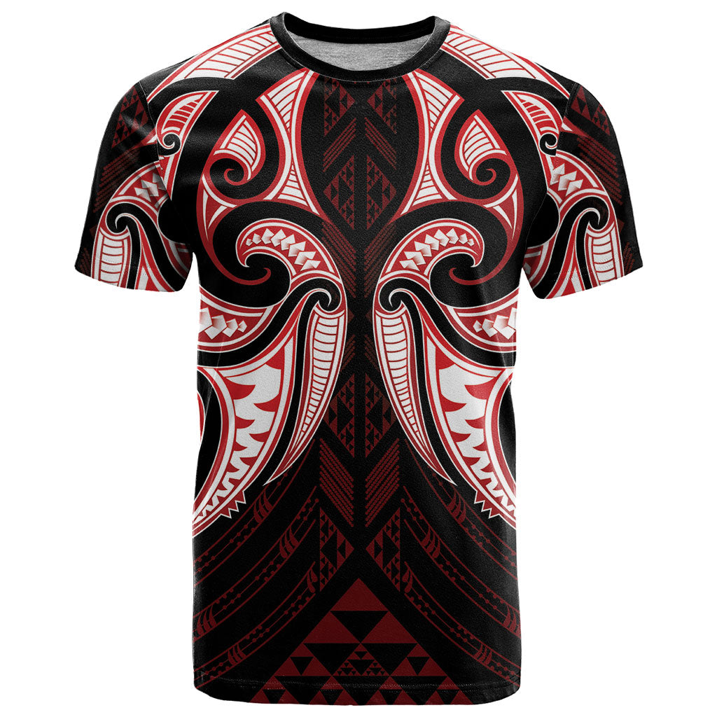 Maori Rugby Custom Ngaru Mangopare T Shirt Black Red Whetu Niho Taniwha Motif LT9 Red - Polynesian Pride