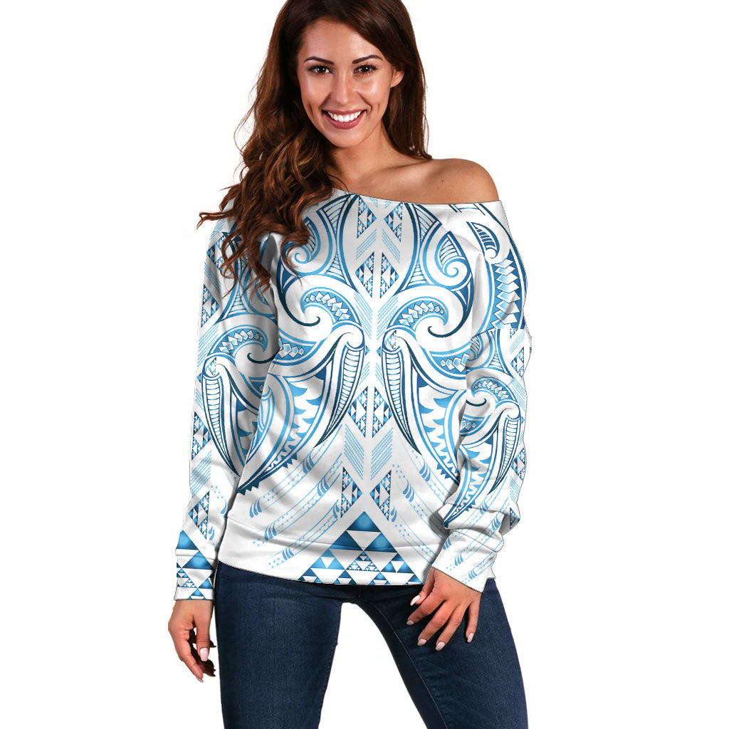 Maori Rugby Custom Ngaru Mangopare Off Shoulder Sweater Kahui Whetu Niho Taniwha Motif LT9 Women Galaxy - Polynesian Pride