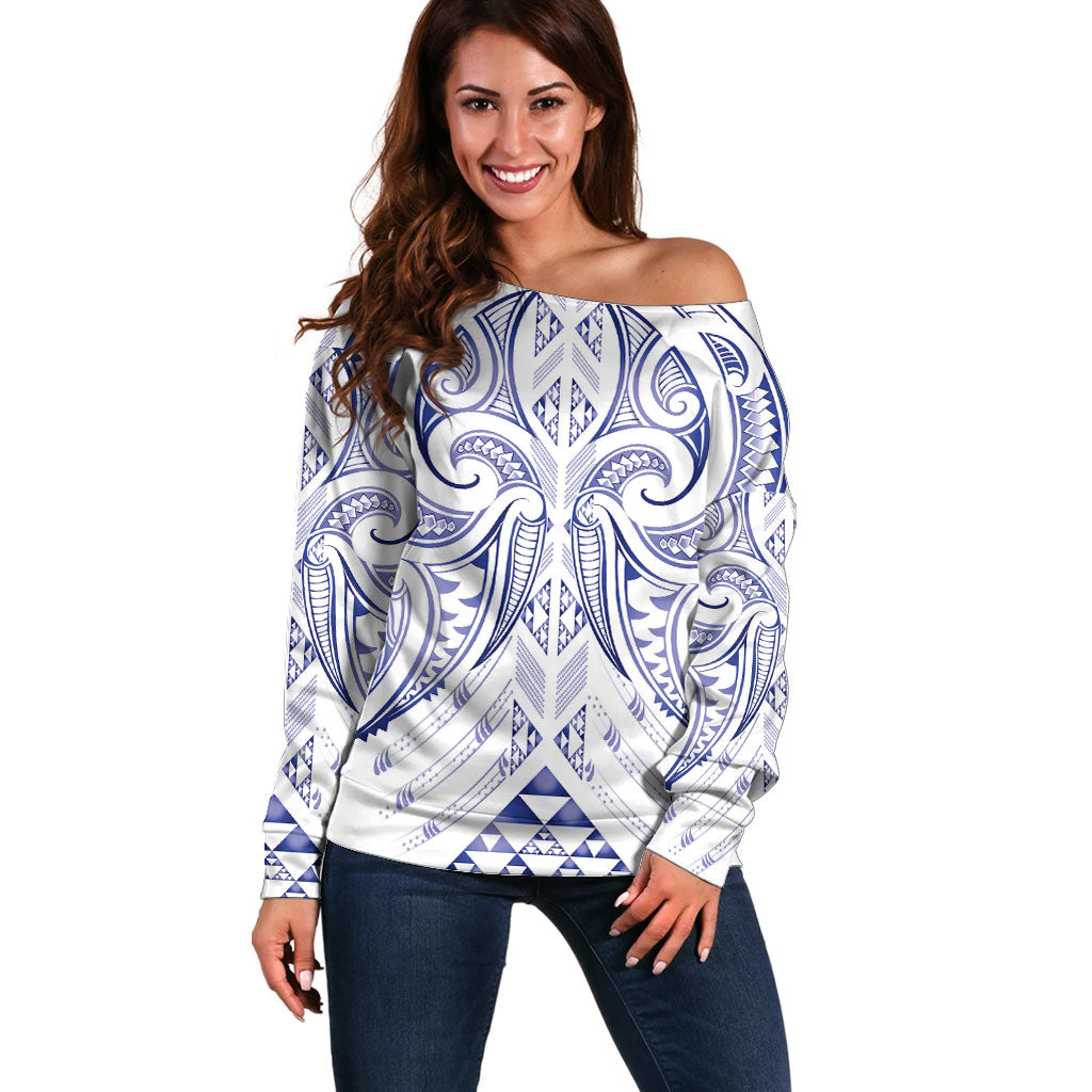 Maori Rugby Custom Ngaru Mangopare Off Shoulder Sweater Kikorangi Niho Taniwha Motif LT9 Women Blue - Polynesian Pride