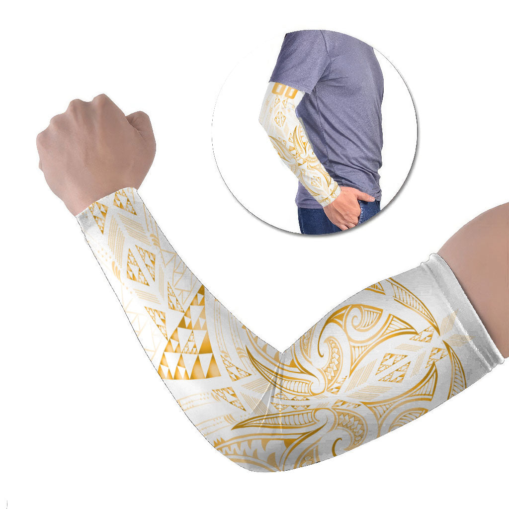 Maori Rugby Custom Ngaru Mangopare Arm Sleeves Koura Niho Taniwha Motif LT9 Set of 2 Gold - Polynesian Pride