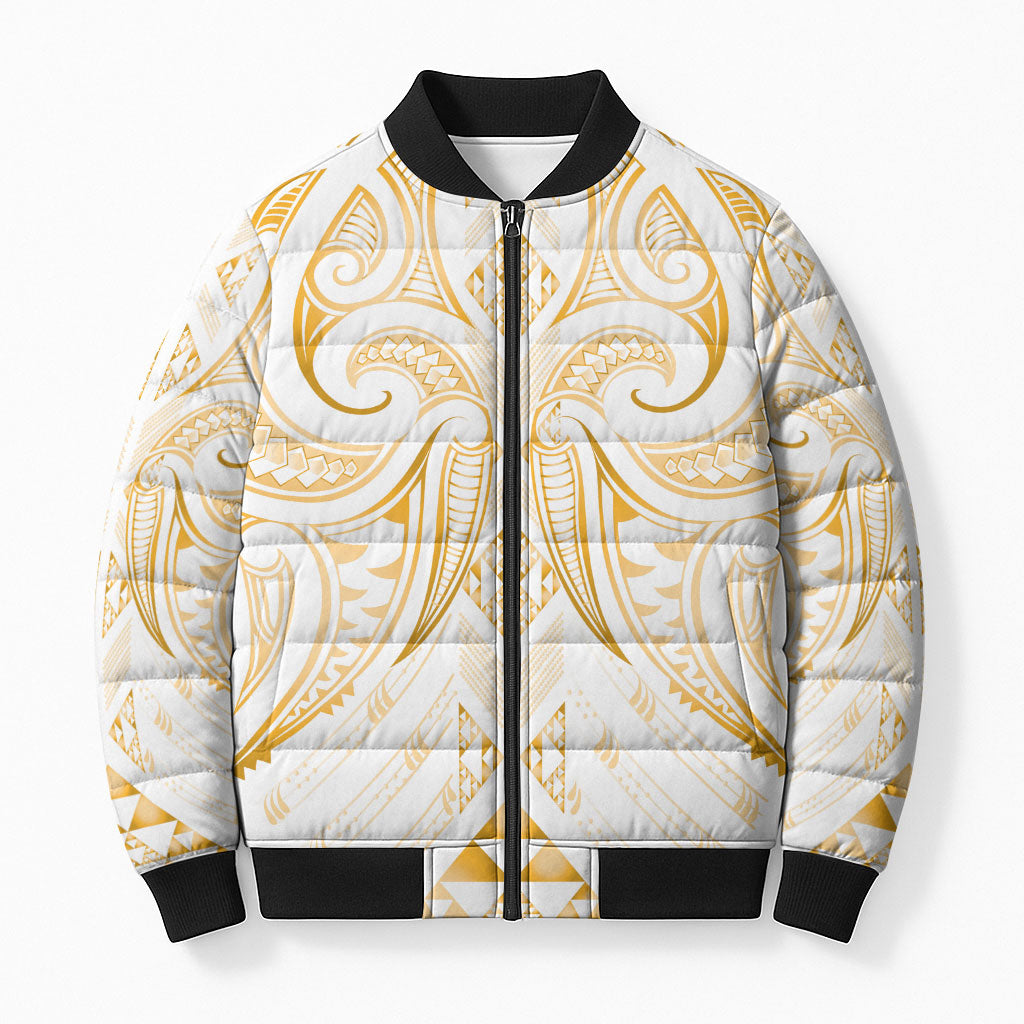 Maori Rugby Custom Ngaru Mangopare Bomber Puffer Jacket Koura Niho Taniwha Motif LT9 Unisex Gold - Polynesian Pride