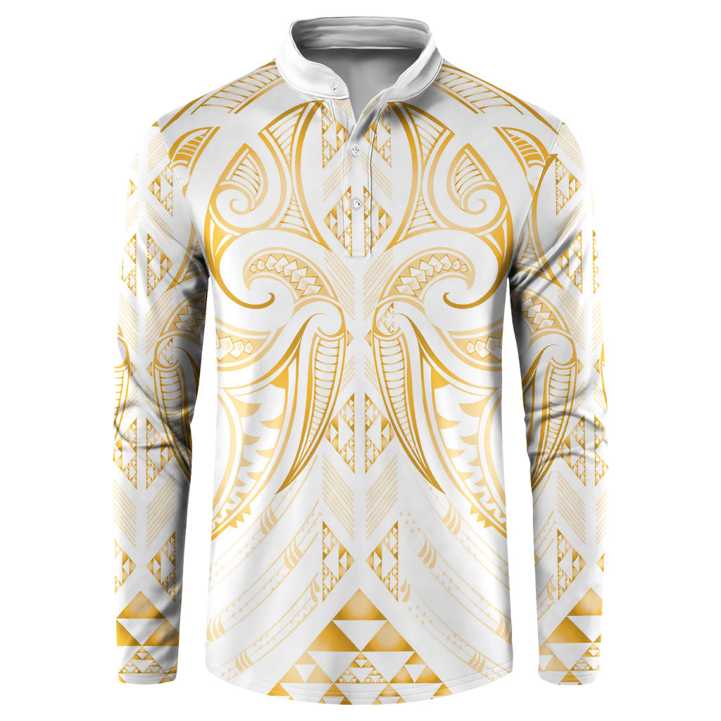 Maori Rugby Custom Ngaru Mangopare Button Sweatshirt Koura Niho Taniwha Motif LT9 Gold - Polynesian Pride
