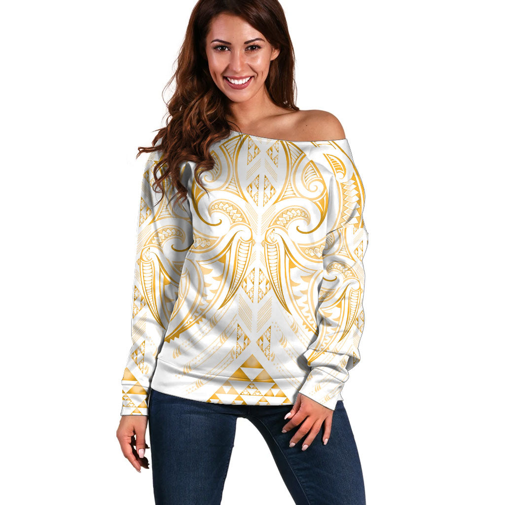 Maori Rugby Custom Ngaru Mangopare Off Shoulder Sweater Koura Niho Taniwha Motif LT9 Women Gold - Polynesian Pride