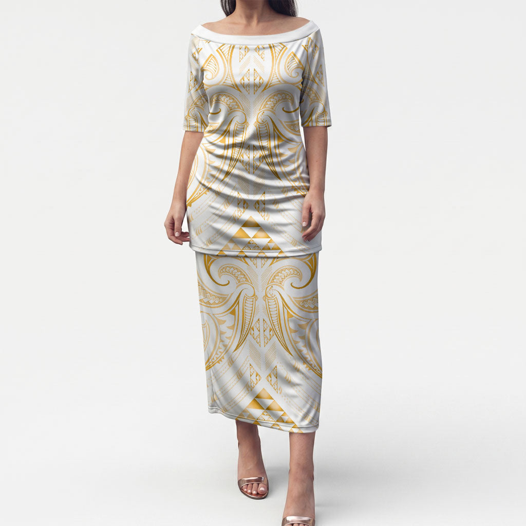 Maori Rugby Custom Ngaru Mangopare Puletasi Koura Niho Taniwha Motif LT9 Long Dress Gold - Polynesian Pride
