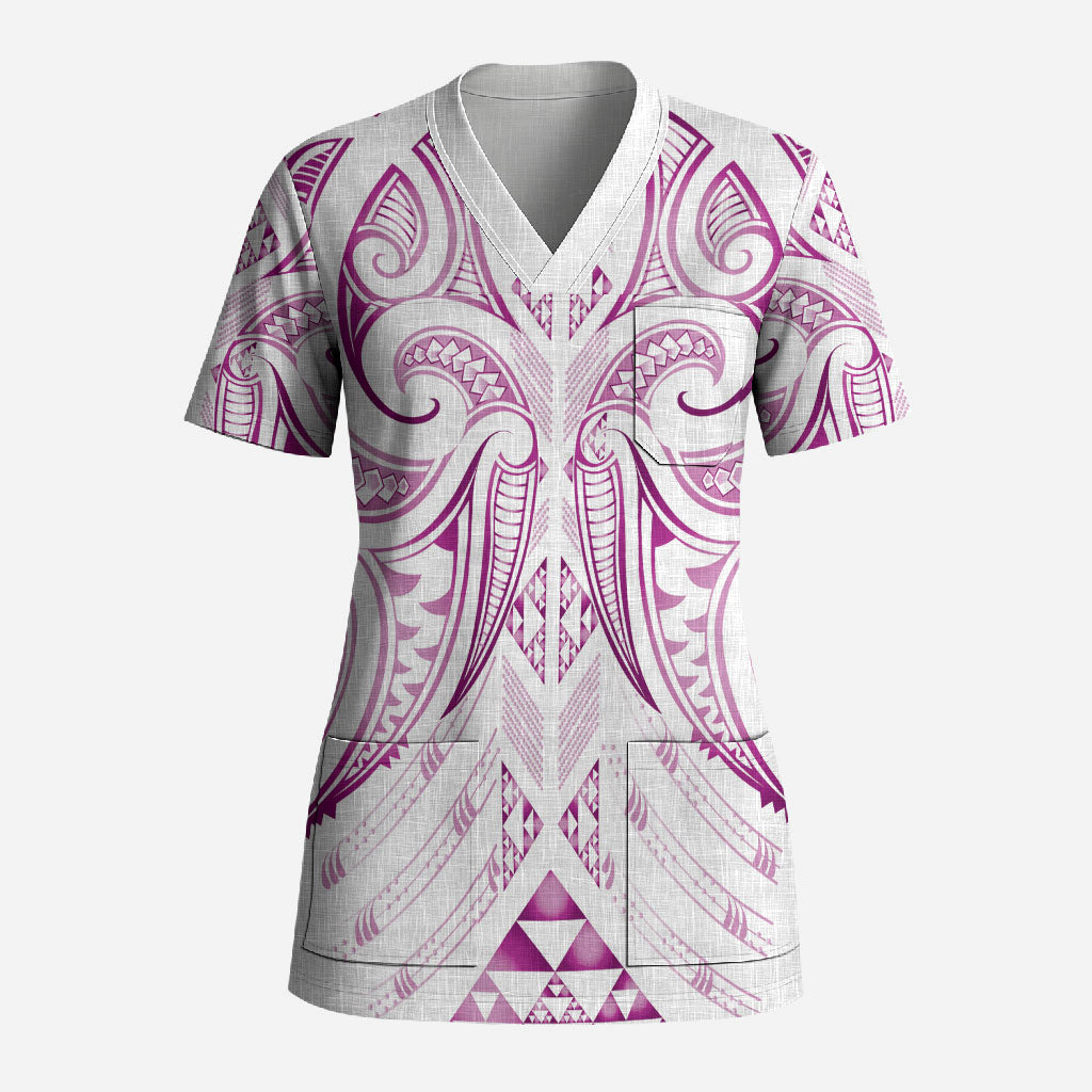 Maori Rugby Custom Ngaru Mangopare Scrub Top Mawhero Niho Taniwha Motif LT9 Adult Pink - Polynesian Pride