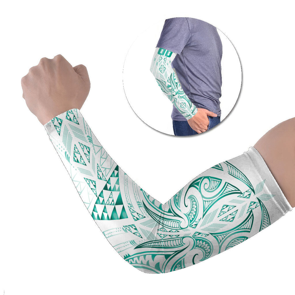 Maori Rugby Custom Ngaru Mangopare Arm Sleeves Karikiorangi Taniwha Motif LT9 Set of 2 Turquoise - Polynesian Pride