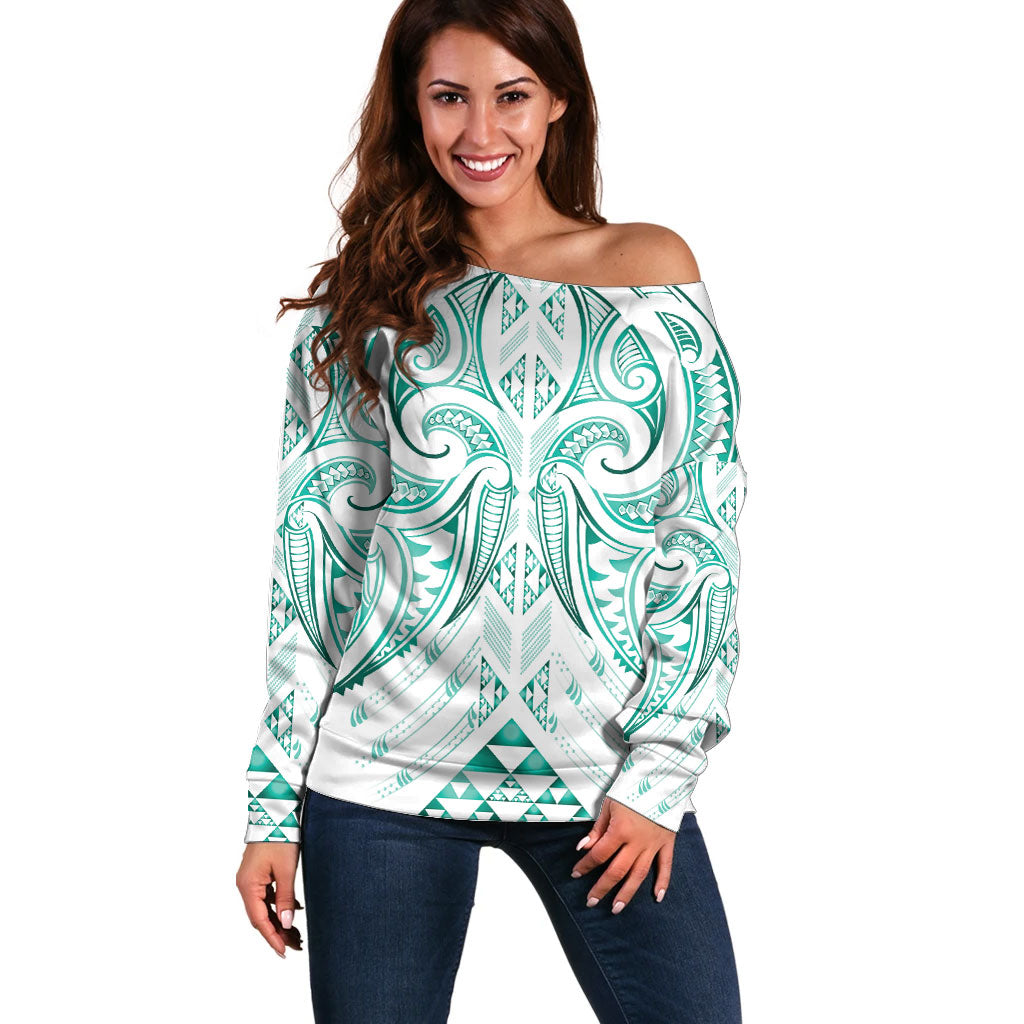 Maori Rugby Custom Ngaru Mangopare Off Shoulder Sweater Karikiorangi Taniwha Motif LT9 Women Turquoise - Polynesian Pride