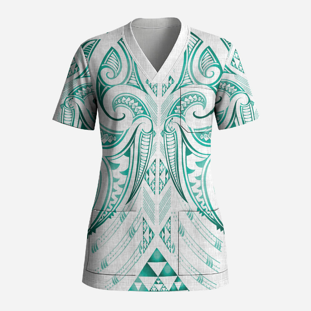Maori Rugby Custom Ngaru Mangopare Scrub Top Karikiorangi Taniwha Motif LT9 Adult Turquoise - Polynesian Pride