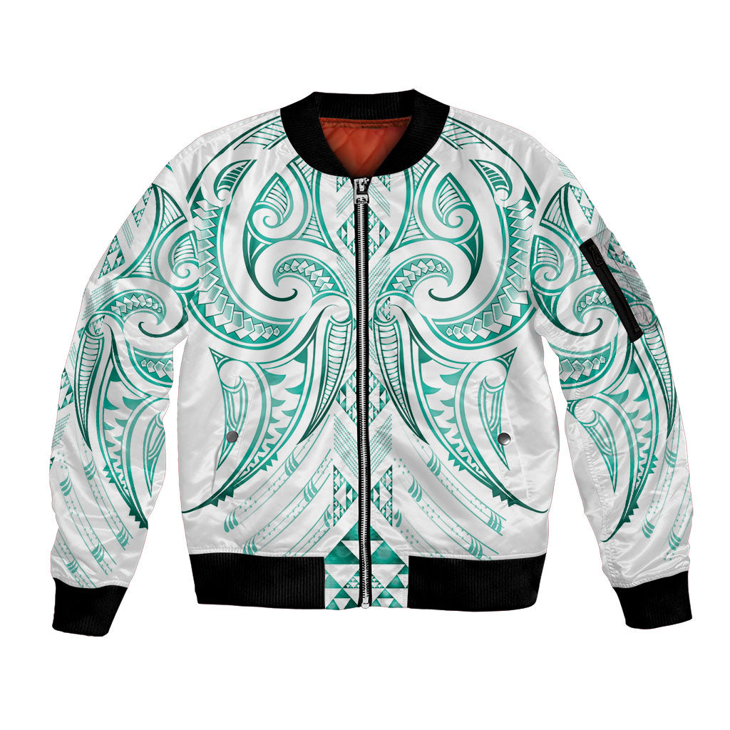 Maori Rugby Custom Ngaru Mangopare Sleeve Zip Bomber Jacket Karikiorangi Taniwha Motif LT9 Unisex Turquoise - Polynesian Pride