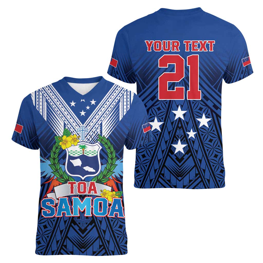 Custom Rugby Toa Samoa Women V-Neck T-Shirt Samoa mo Samoa Strength in Tatau - Polynesian Pride