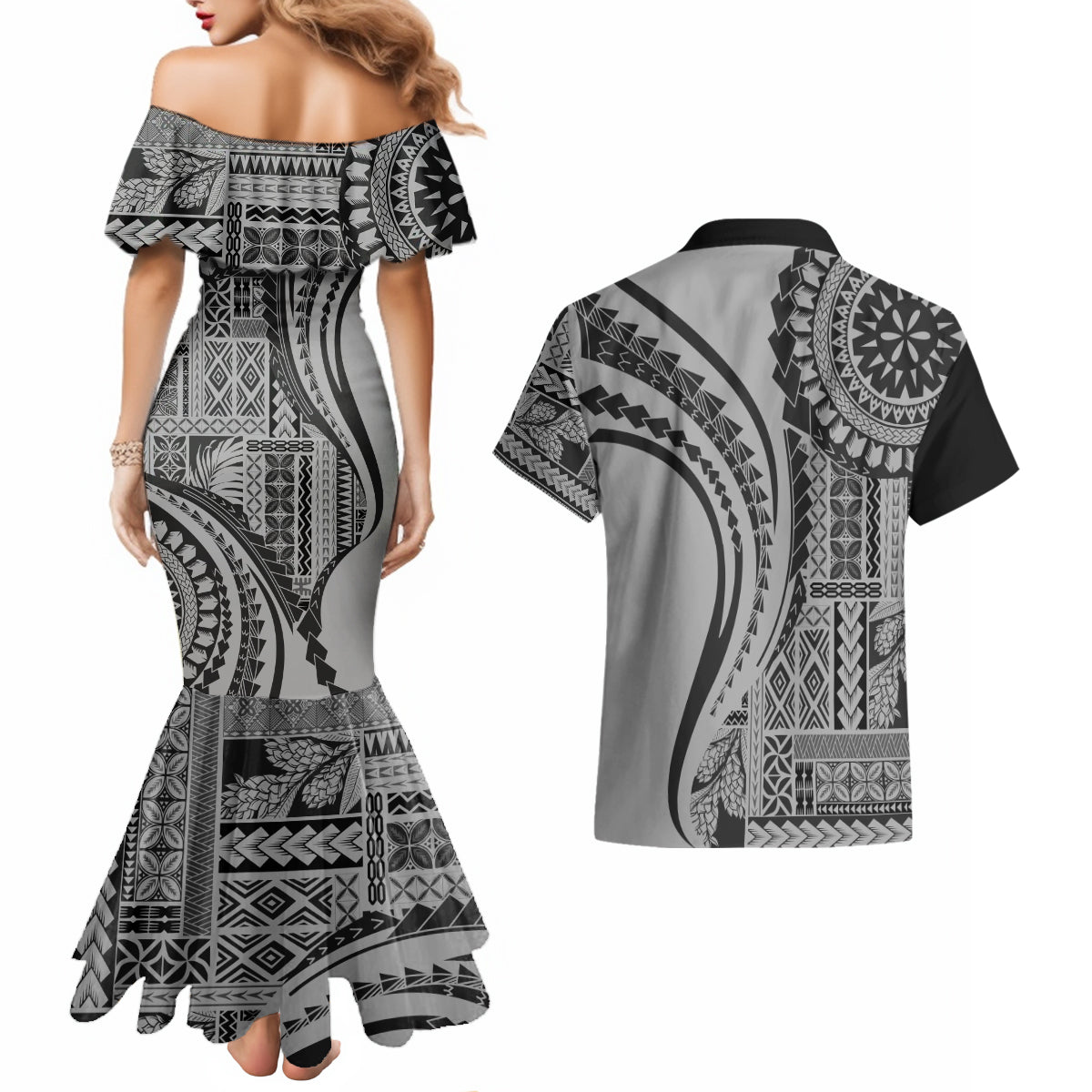 Samoa Siapo Arty Couples Matching Mermaid Dress and Hawaiian Shirt Black Style LT9 - Polynesian Pride