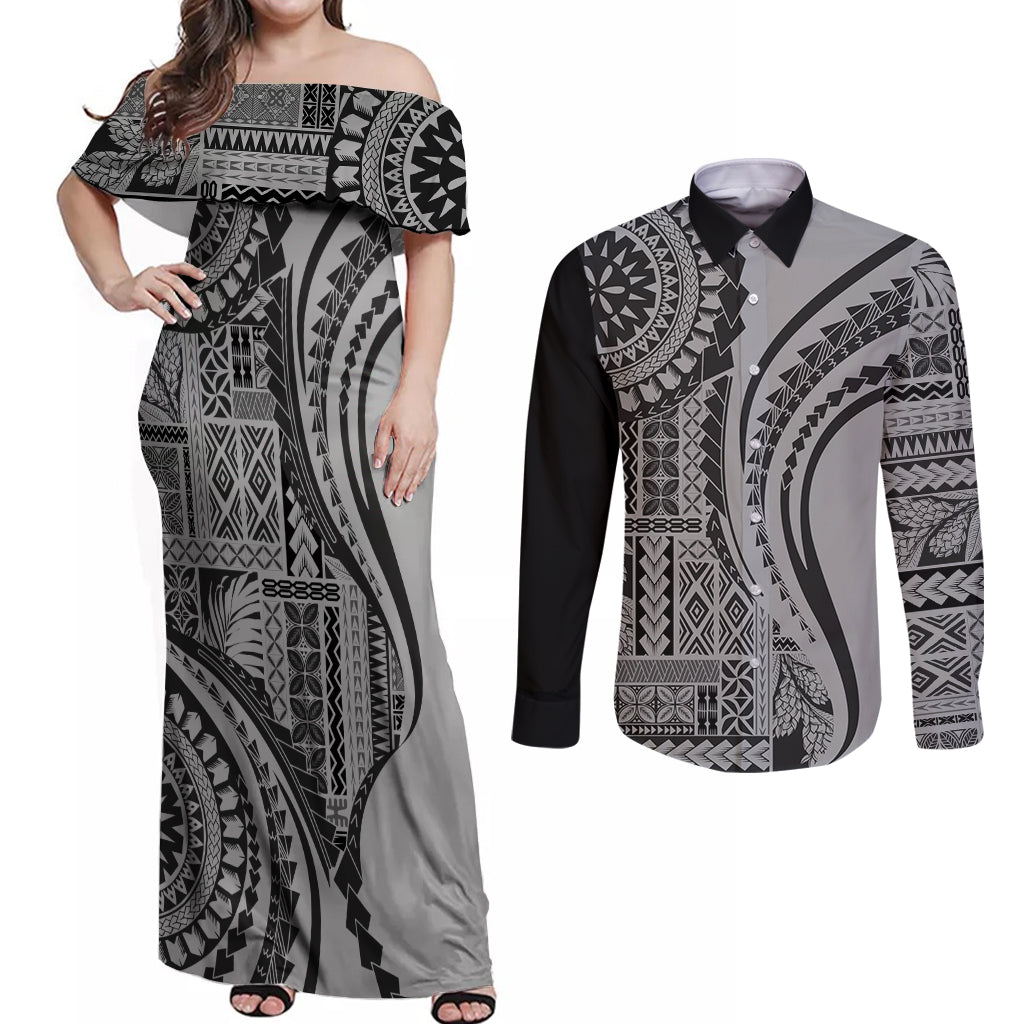 Samoa Siapo Arty Couples Matching Off Shoulder Maxi Dress and Long Sleeve Button Shirt Black Style LT9 Black - Polynesian Pride