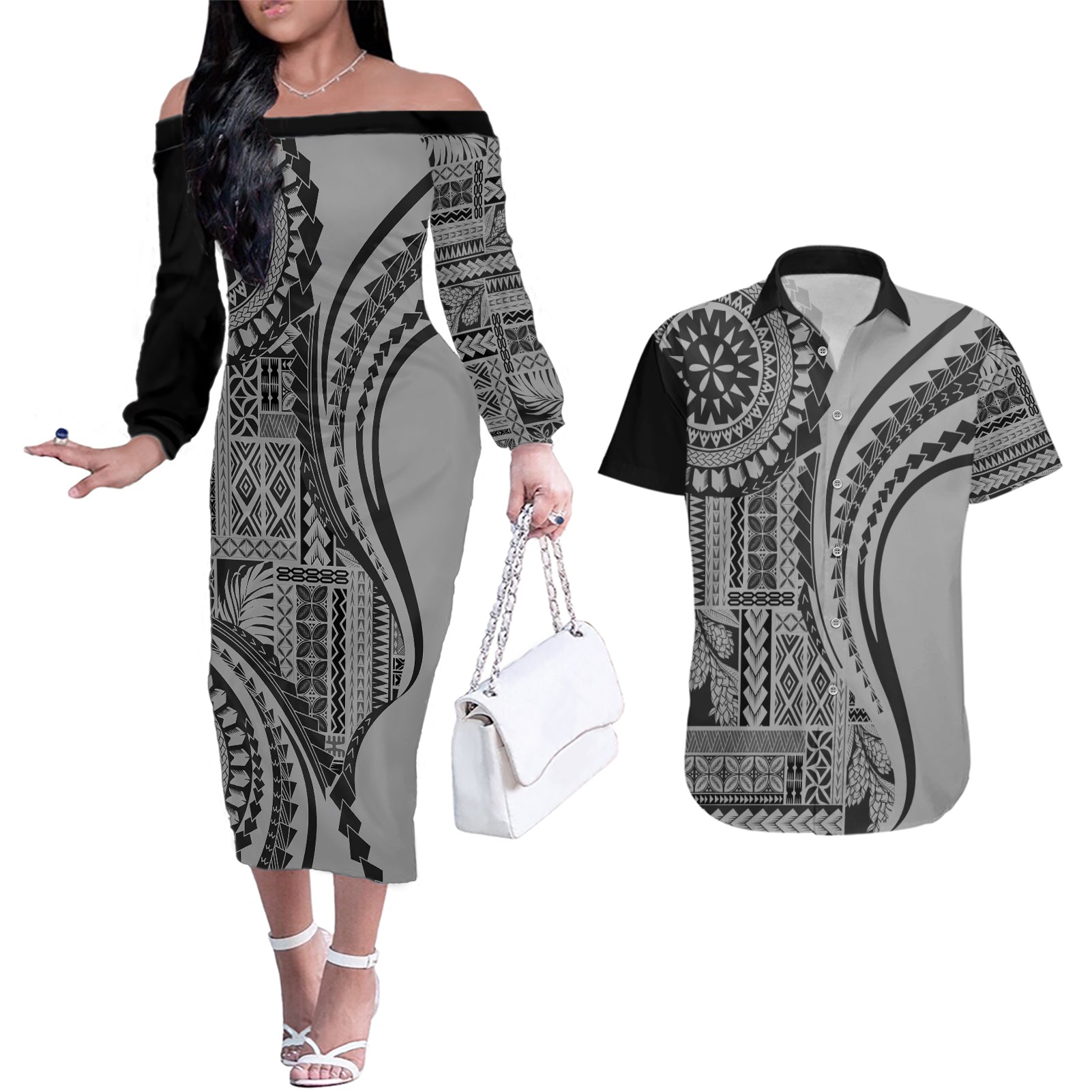 Samoa Siapo Arty Couples Matching Off The Shoulder Long Sleeve Dress and Hawaiian Shirt Black Style LT9 Black - Polynesian Pride