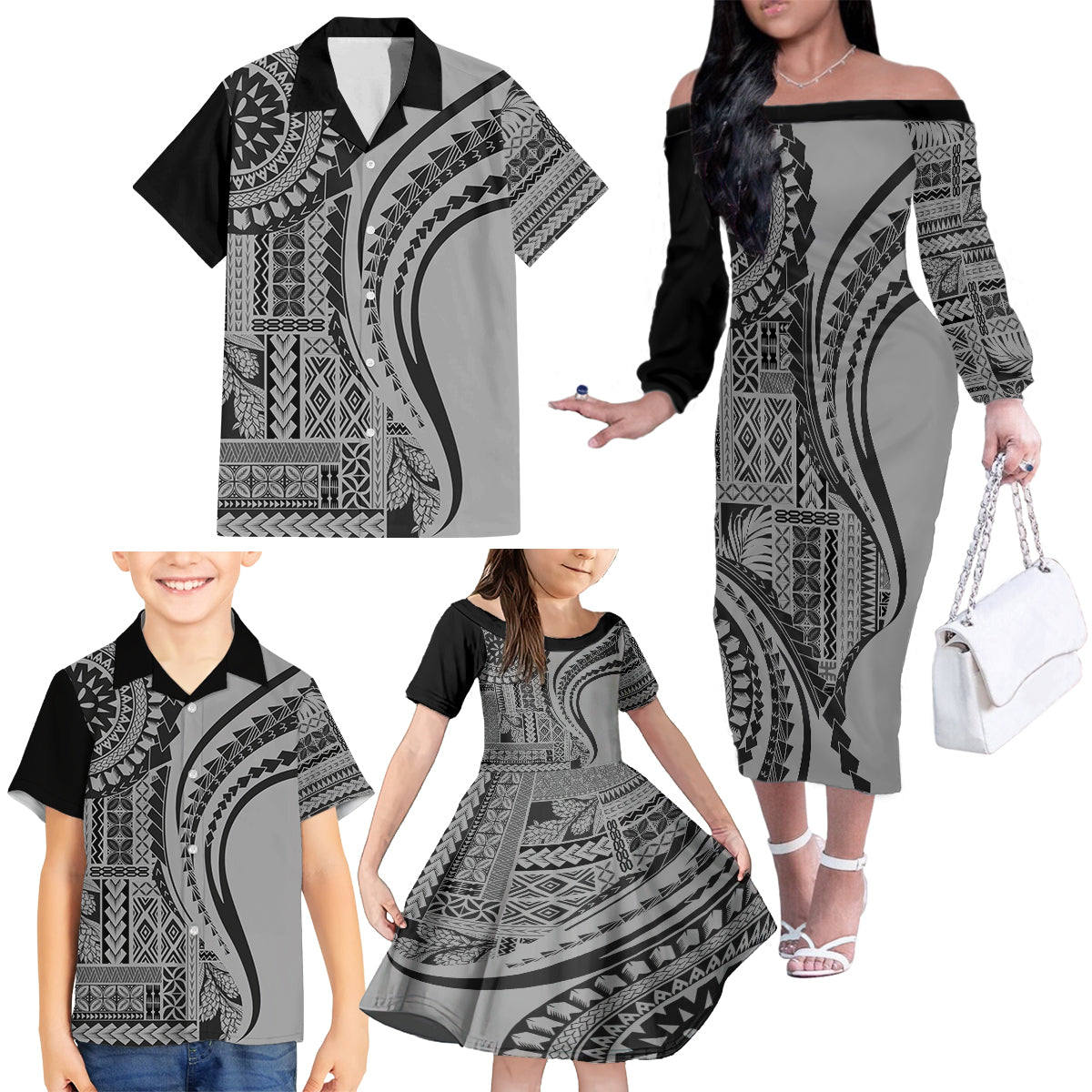 Samoa Siapo Arty Family Matching Off Shoulder Long Sleeve Dress and Hawaiian Shirt Black Style LT9 - Polynesian Pride