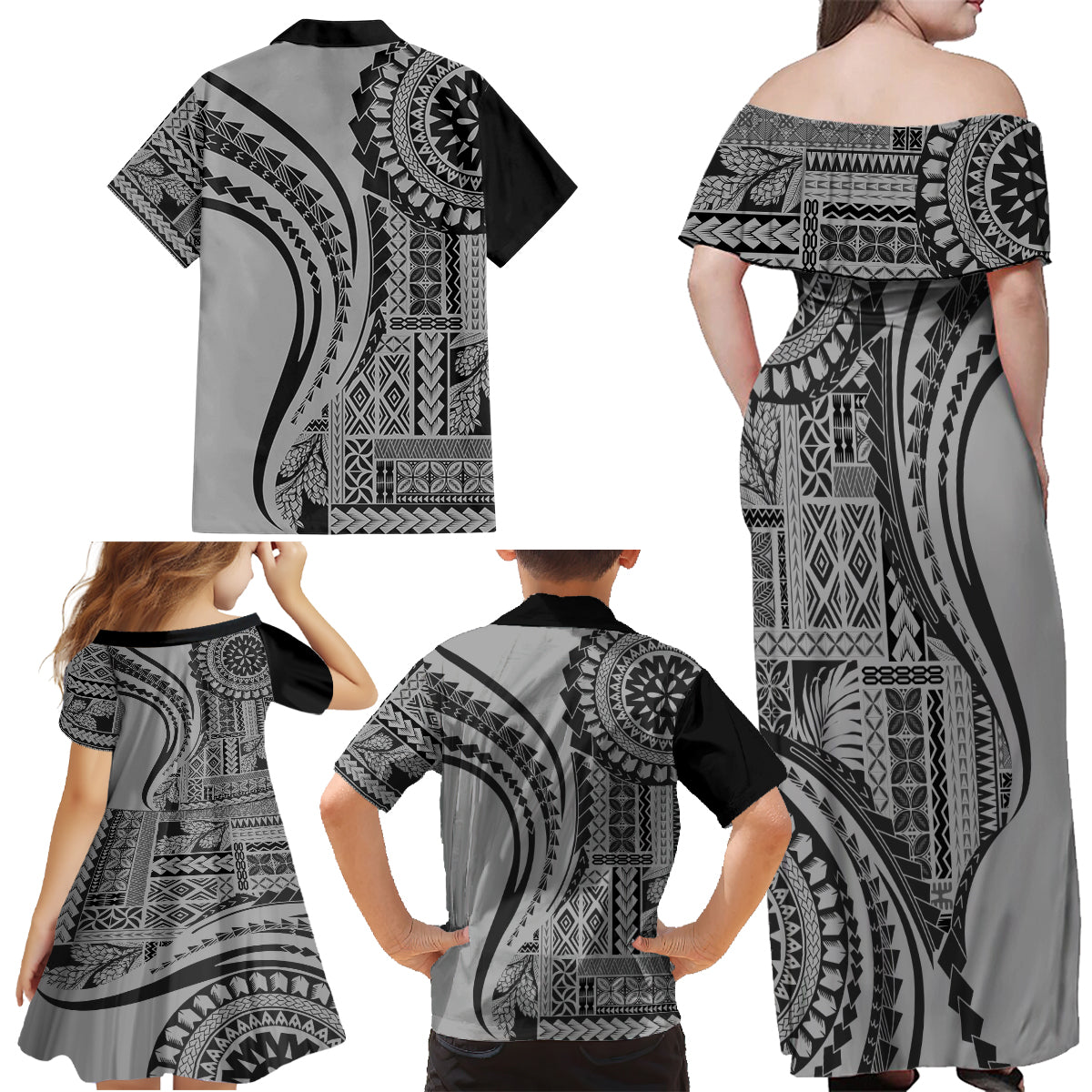 Samoa Siapo Arty Family Matching Off Shoulder Maxi Dress and Hawaiian Shirt Black Style LT9 - Polynesian Pride