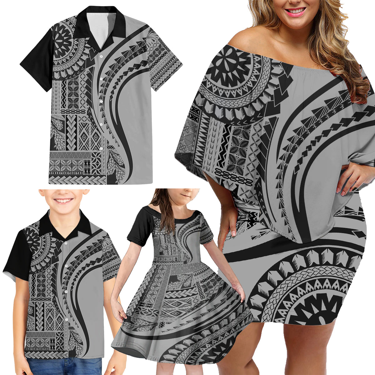 Samoa Siapo Arty Family Matching Off Shoulder Short Dress and Hawaiian Shirt Black Style LT9 - Polynesian Pride