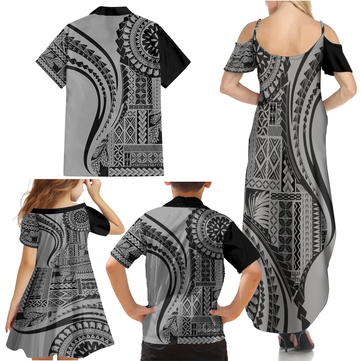 Samoa Siapo Arty Family Matching Summer Maxi Dress and Hawaiian Shirt Black Style LT9 - Polynesian Pride