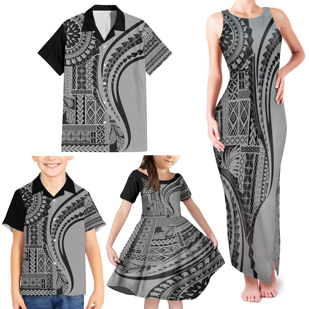 Samoa Siapo Arty Family Matching Tank Maxi Dress and Hawaiian Shirt Black Style LT9 - Polynesian Pride