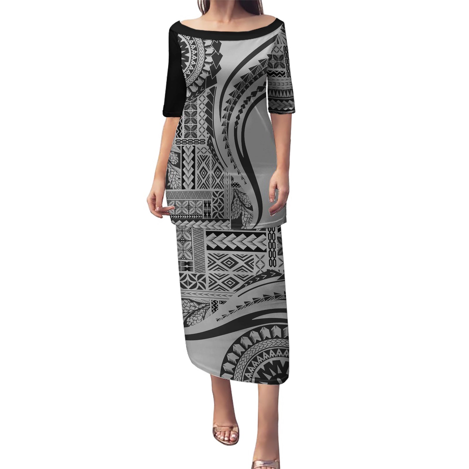 Samoa Siapo Arty Puletasi Black Style LT9 Long Dress Black - Polynesian Pride