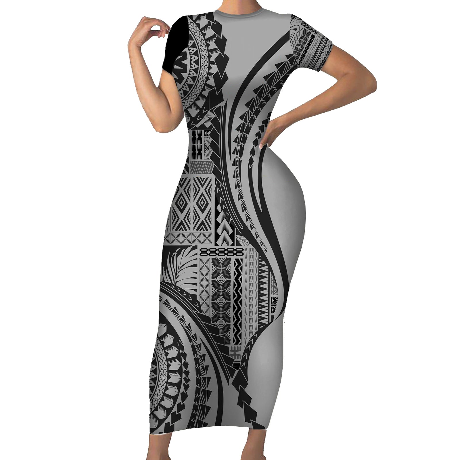 Samoa Siapo Arty Short Sleeve Bodycon Dress Black Style LT9 Long Dress Black - Polynesian Pride