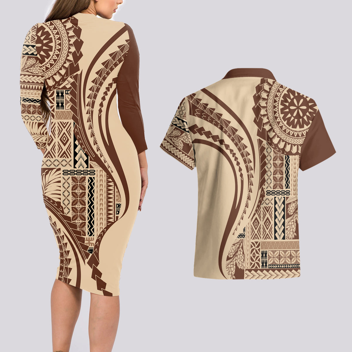 Samoa Siapo Arty Couples Matching Long Sleeve Bodycon Dress and Hawaiian Shirt Brown Style LT9 - Polynesian Pride