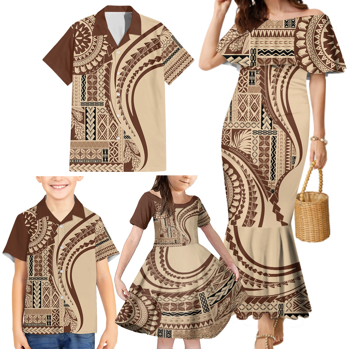 Samoa Siapo Arty Family Matching Mermaid Dress and Hawaiian Shirt Brown Style LT9 - Polynesian Pride