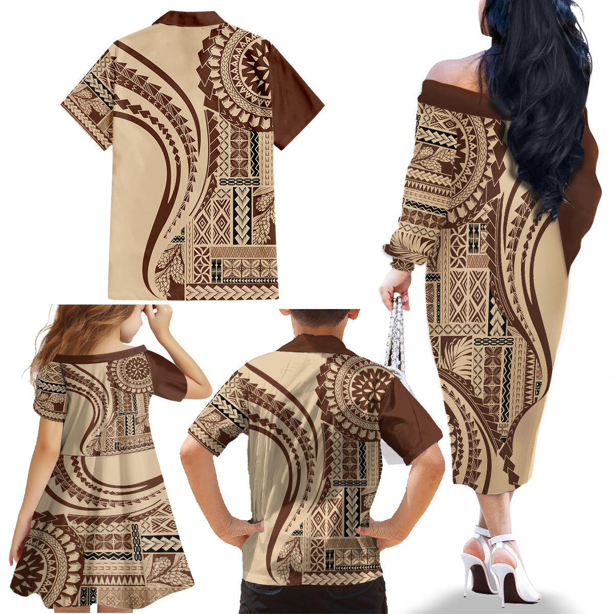 Samoa Siapo Arty Family Matching Off Shoulder Long Sleeve Dress and Hawaiian Shirt Brown Style LT9 - Polynesian Pride
