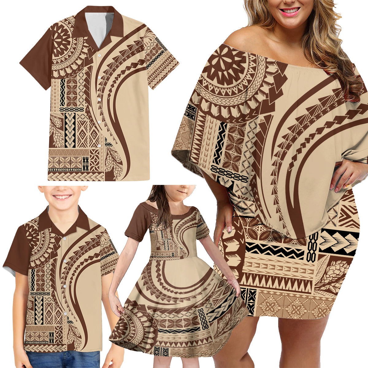 Samoa Siapo Arty Family Matching Off Shoulder Short Dress and Hawaiian Shirt Brown Style LT9 - Polynesian Pride