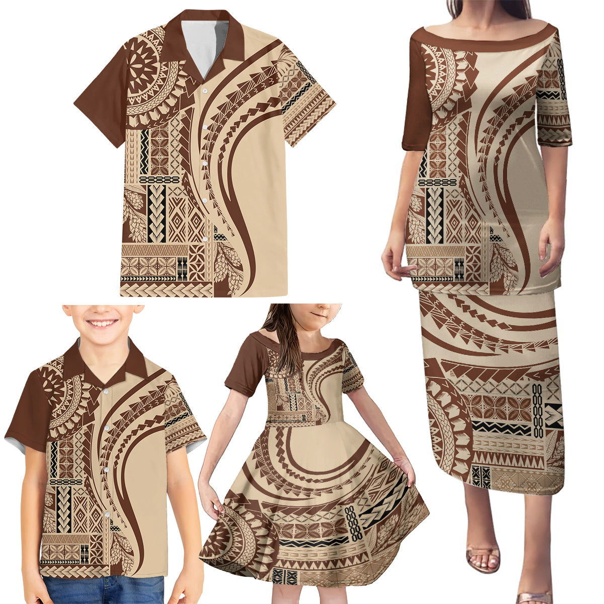 Samoa Siapo Arty Family Matching Puletasi Dress and Hawaiian Shirt Brown Style LT9 - Polynesian Pride