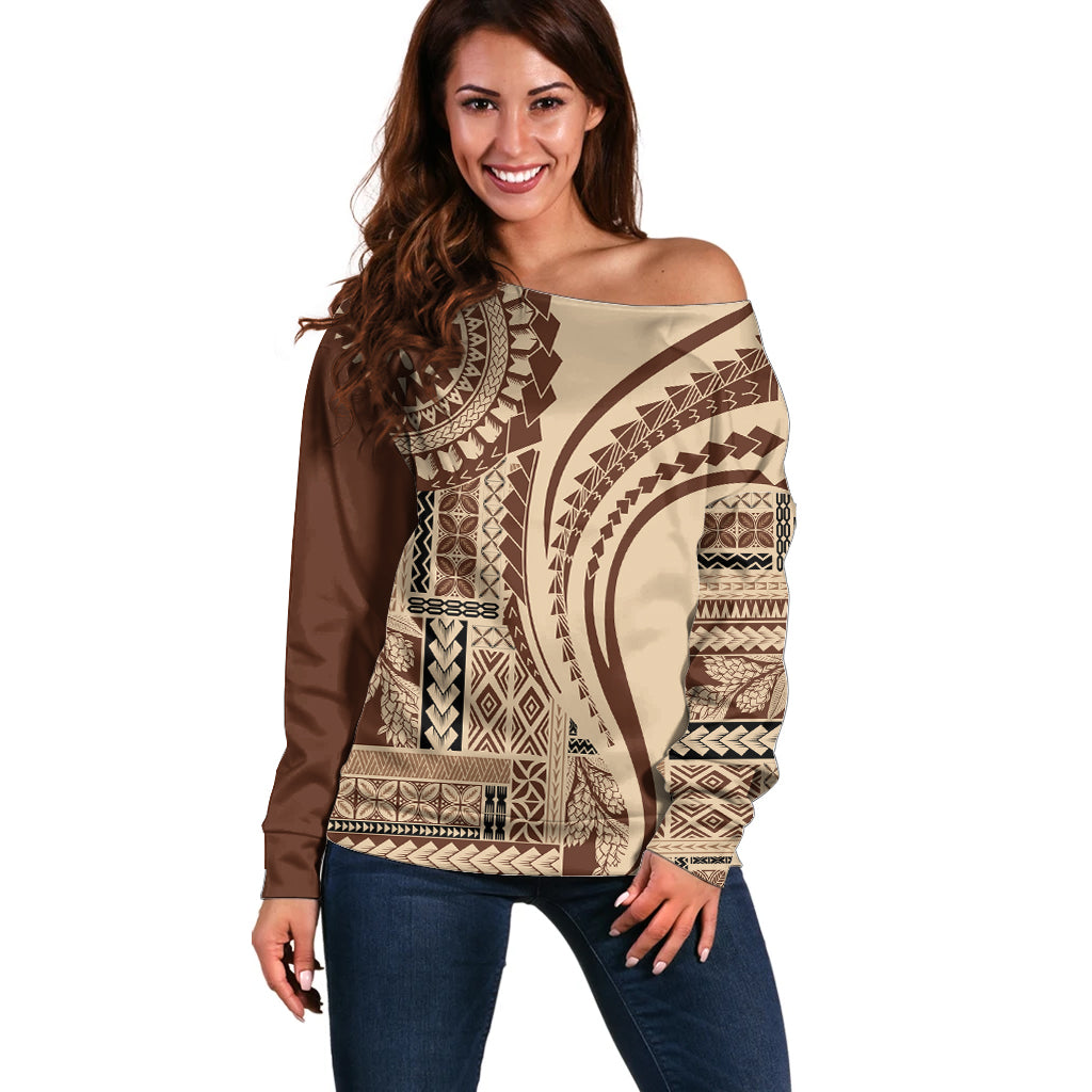 Samoa Siapo Arty Off Shoulder Sweater Brown Style LT9 Women Brown - Polynesian Pride