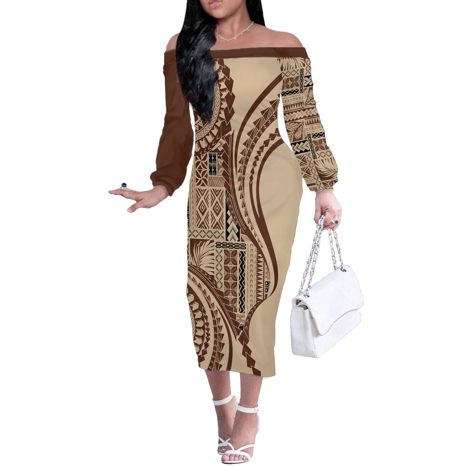 Samoa Siapo Arty Off The Shoulder Long Sleeve Dress Brown Style LT9 Women Brown - Polynesian Pride