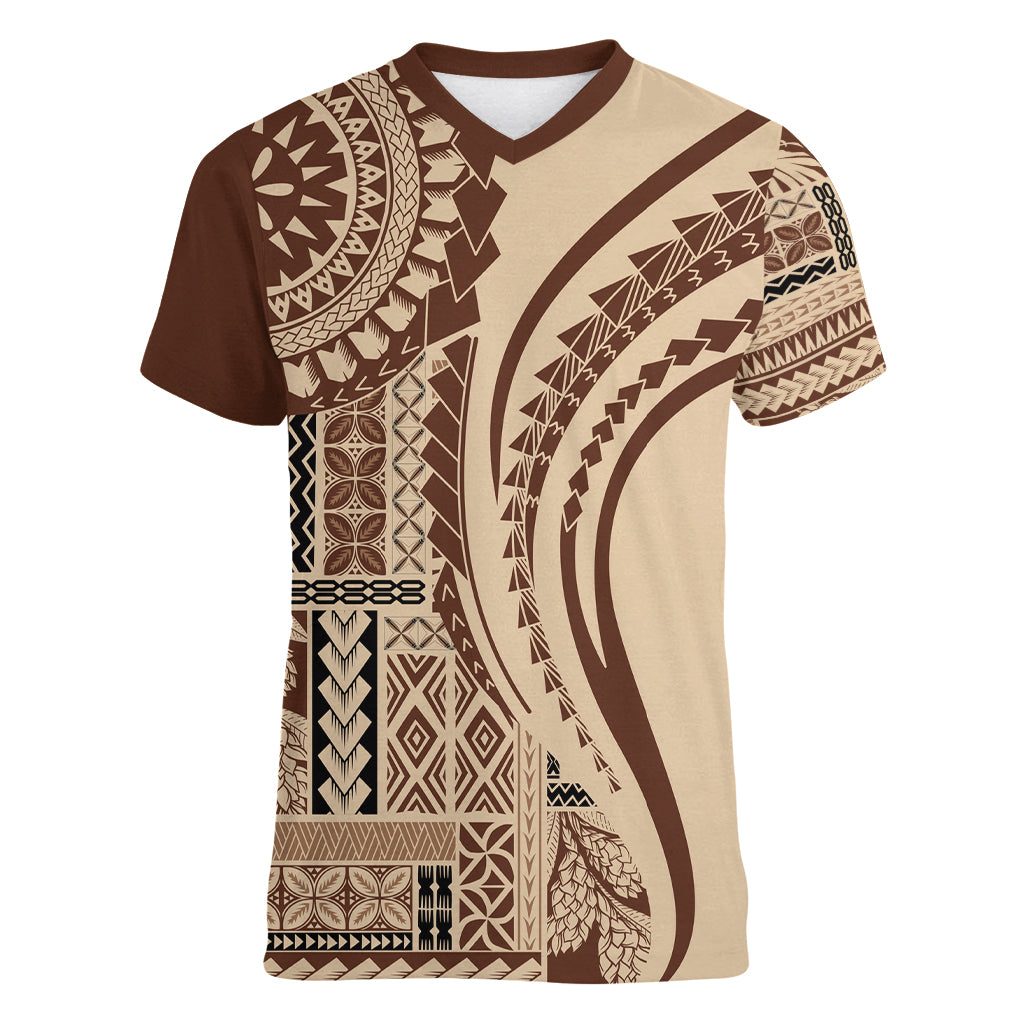 Samoa Siapo Arty Women V Neck T Shirt Brown Style LT9 Female Brown - Polynesian Pride