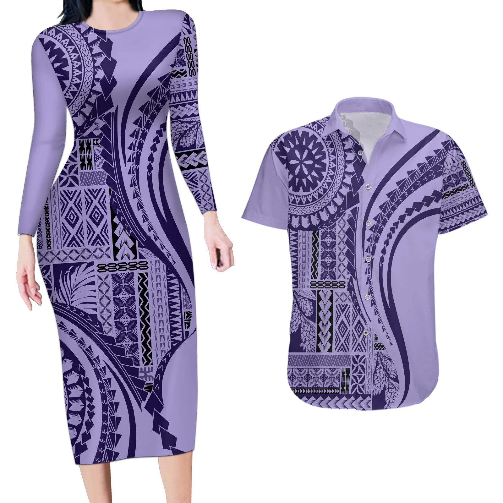 Samoa Siapo Arty Couples Matching Long Sleeve Bodycon Dress and Hawaiian Shirt Purple Style LT9 Purple - Polynesian Pride