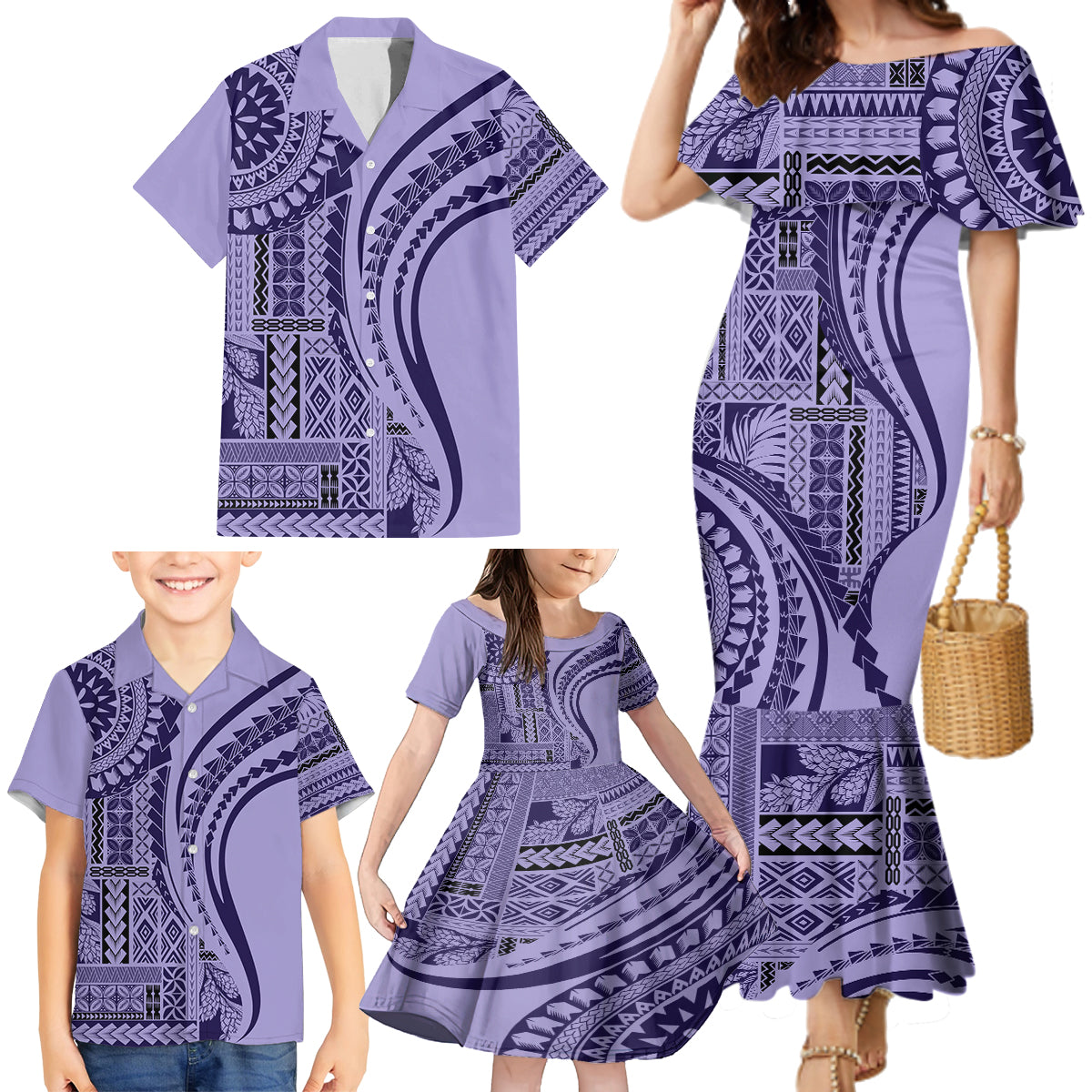 Samoa Siapo Arty Family Matching Mermaid Dress and Hawaiian Shirt Purple Style LT9 - Polynesian Pride