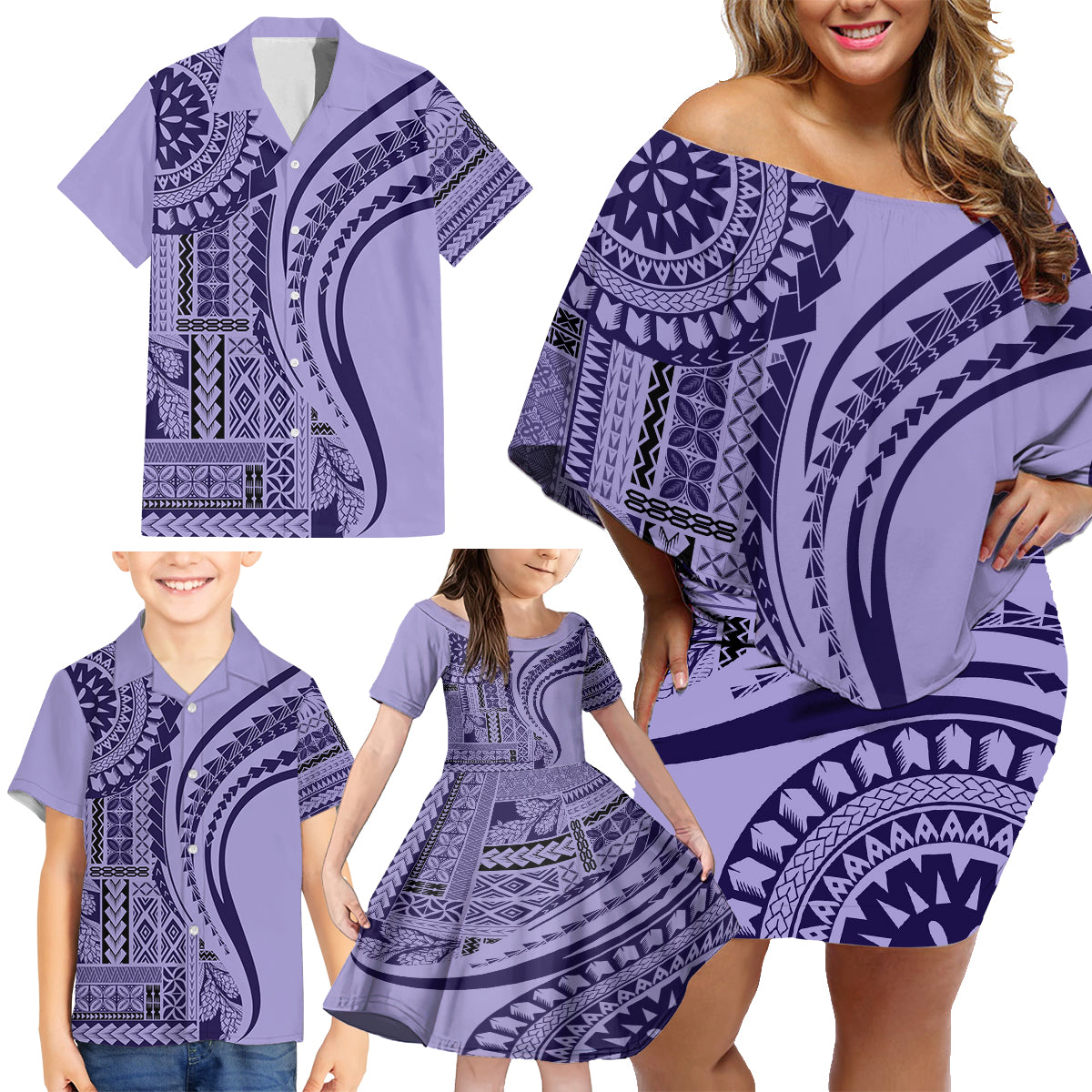 Samoa Siapo Arty Family Matching Off Shoulder Short Dress and Hawaiian Shirt Purple Style LT9 - Polynesian Pride