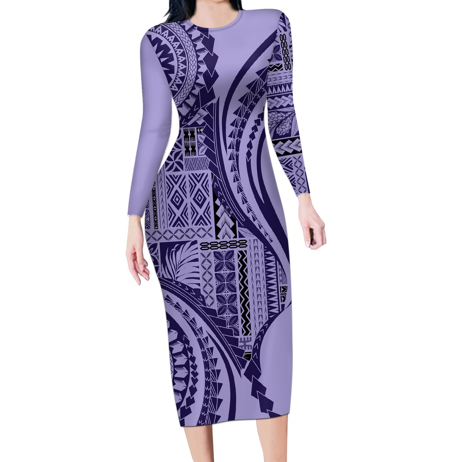 Samoa Siapo Arty Long Sleeve Bodycon Dress Purple Style LT9 Long Dress Purple - Polynesian Pride