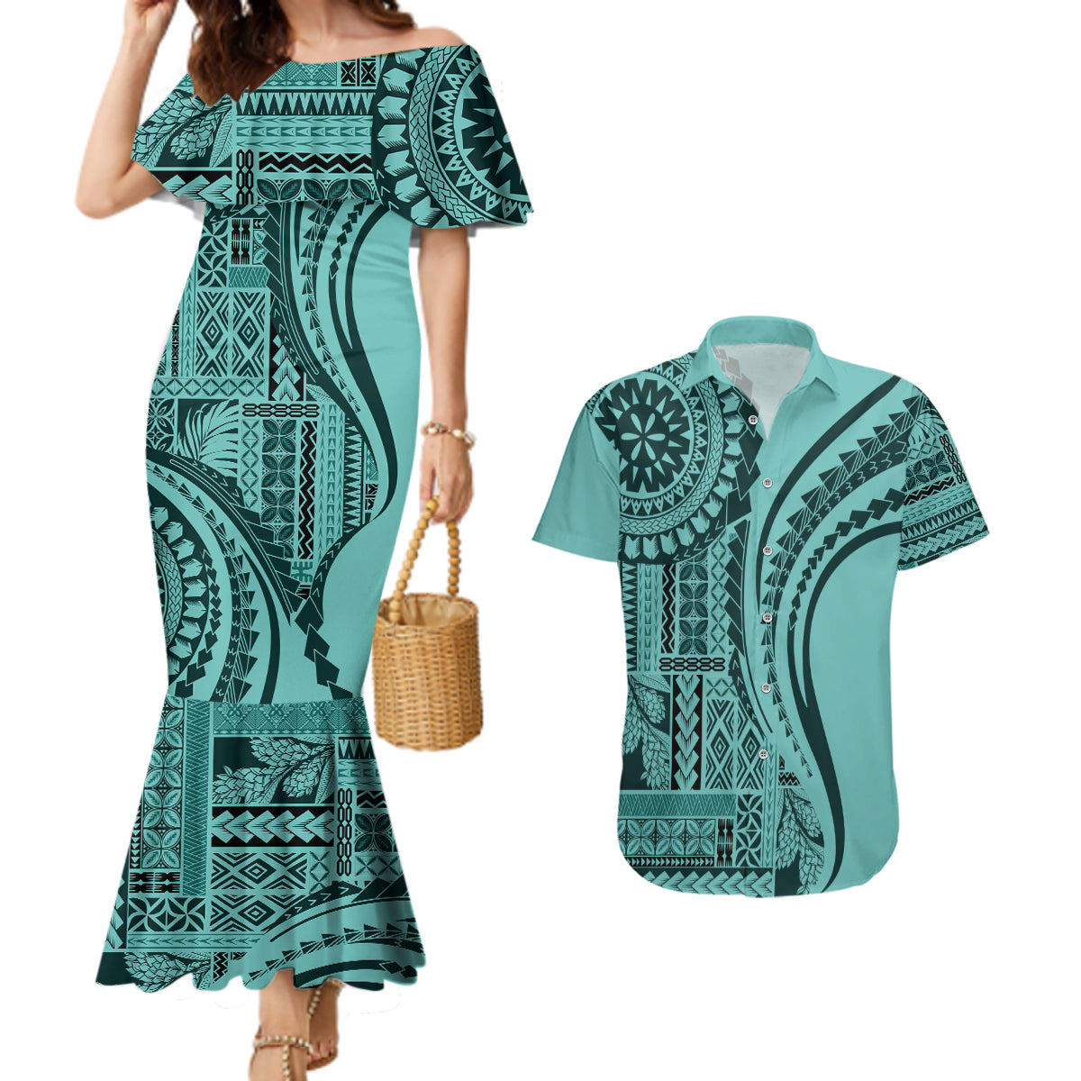 Samoa Siapo Arty Couples Matching Mermaid Dress and Hawaiian Shirt Turquoise Style LT9 Turquoise - Polynesian Pride