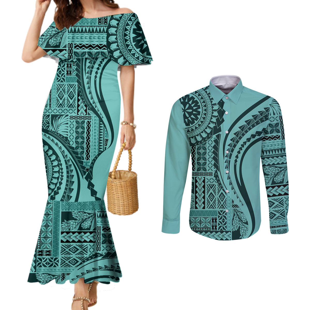 Samoa Siapo Arty Couples Matching Mermaid Dress and Long Sleeve Button Shirt Turquoise Style LT9 Turquoise - Polynesian Pride