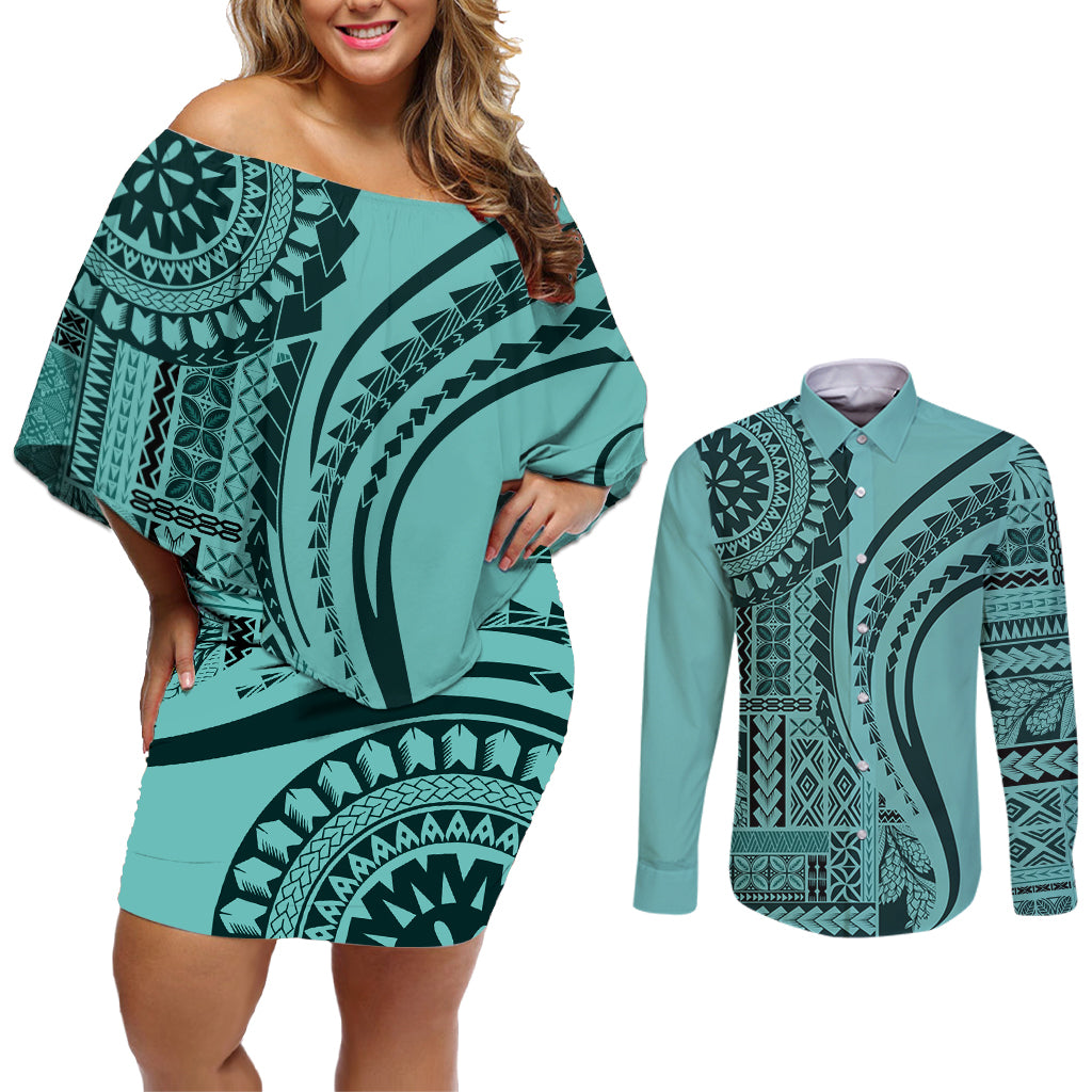 Samoa Siapo Arty Couples Matching Off Shoulder Short Dress and Long Sleeve Button Shirt Turquoise Style LT9 Turquoise - Polynesian Pride