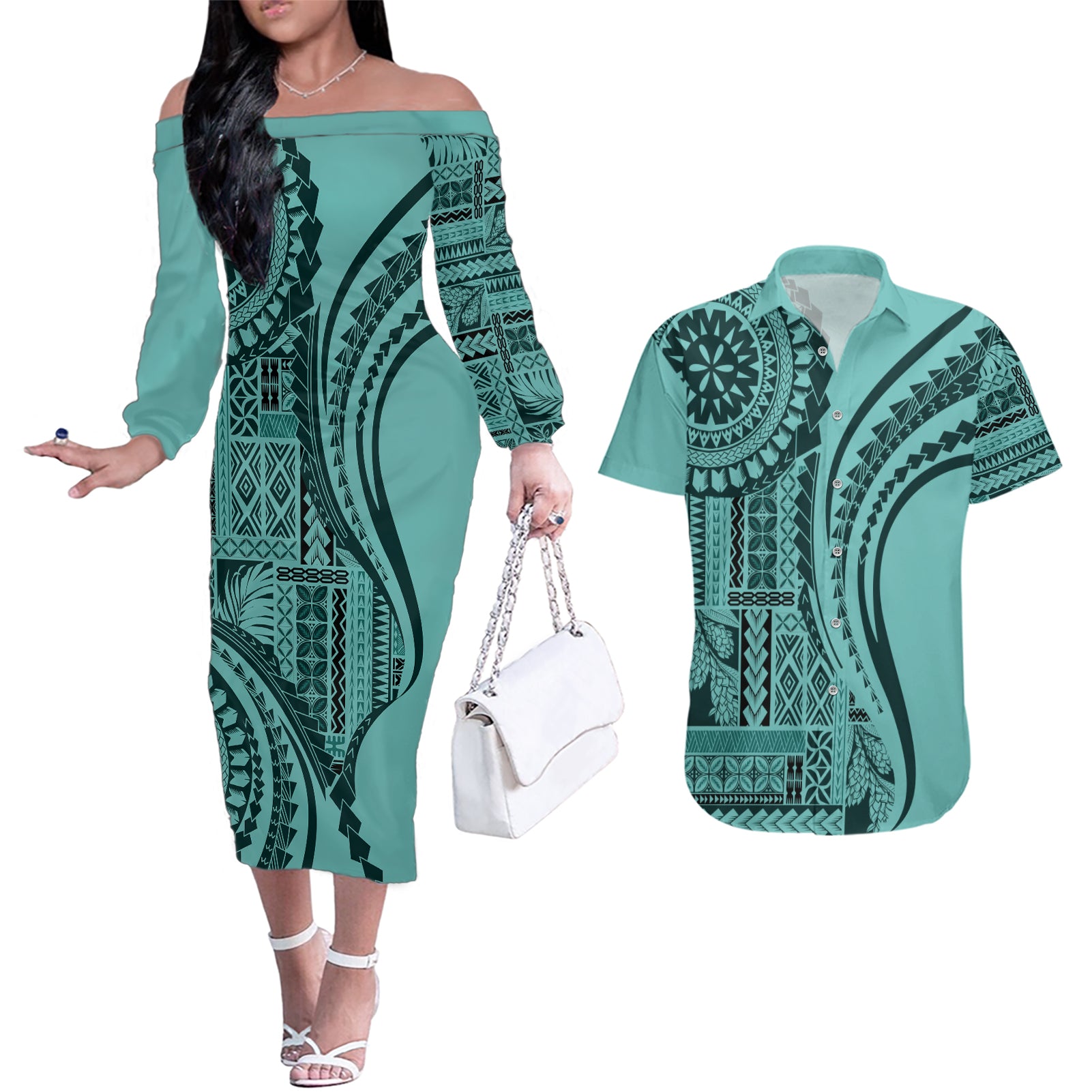 Samoa Siapo Arty Couples Matching Off The Shoulder Long Sleeve Dress and Hawaiian Shirt Turquoise Style LT9 Turquoise - Polynesian Pride