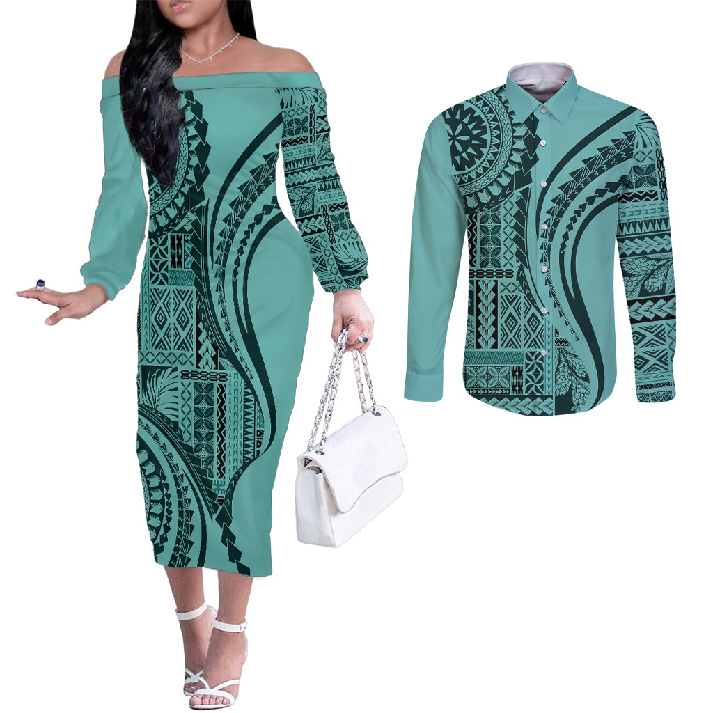 Samoa Siapo Arty Couples Matching Off The Shoulder Long Sleeve Dress and Long Sleeve Button Shirt Turquoise Style LT9 Turquoise - Polynesian Pride