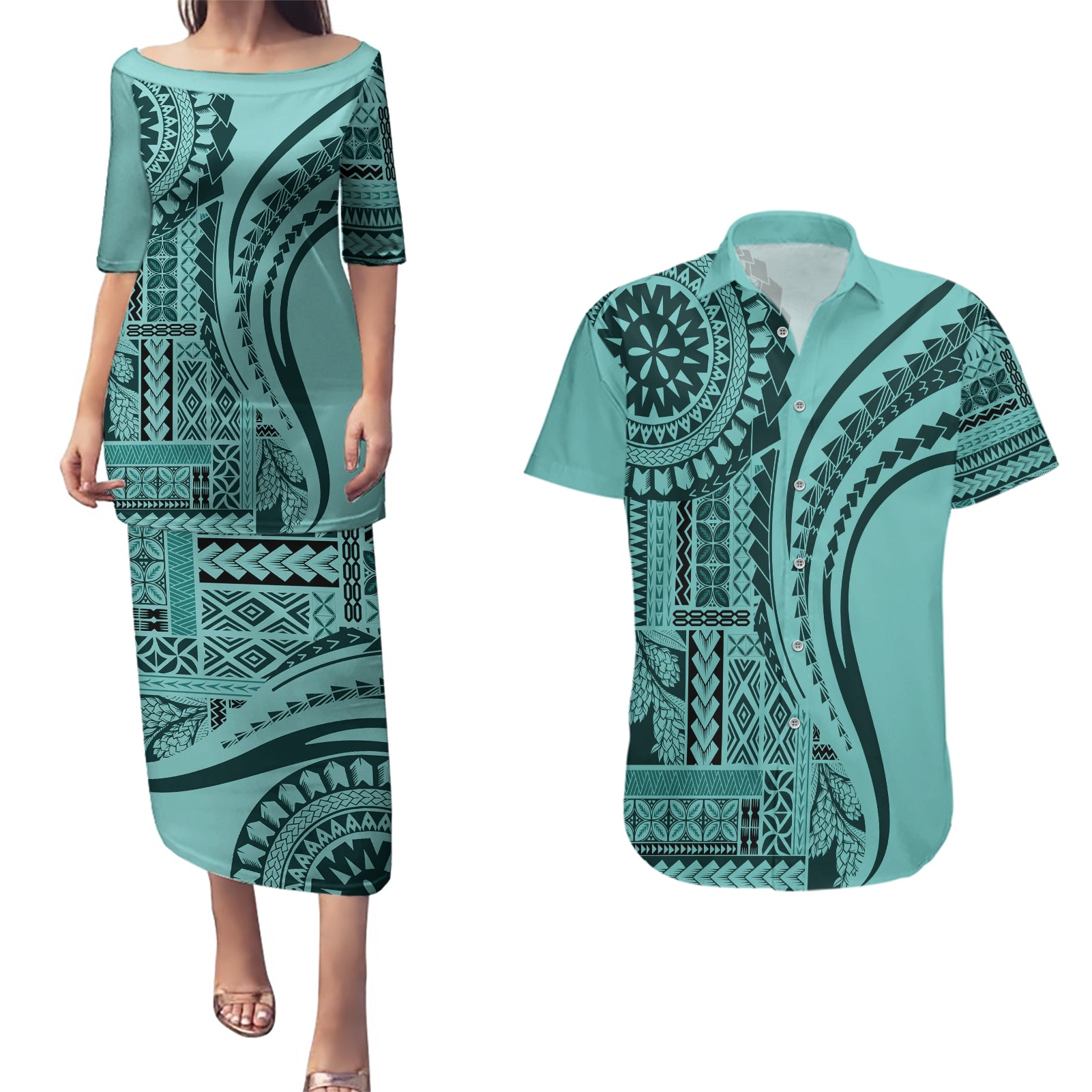 Samoa Siapo Arty Couples Matching Puletasi Dress and Hawaiian Shirt Turquoise Style LT9 Turquoise - Polynesian Pride